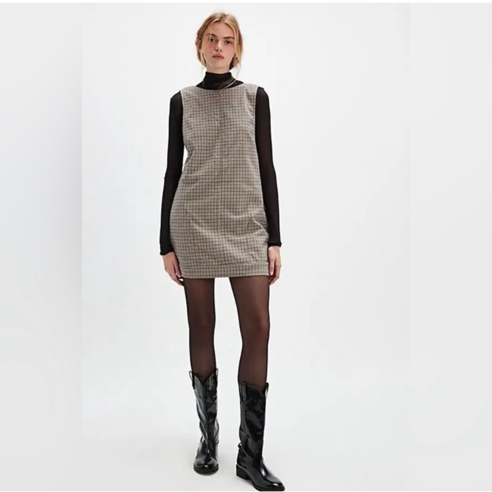 Free‎ People Kai Plaid High Neck Pockets Open Back Sage Brown Mini Dress Size M